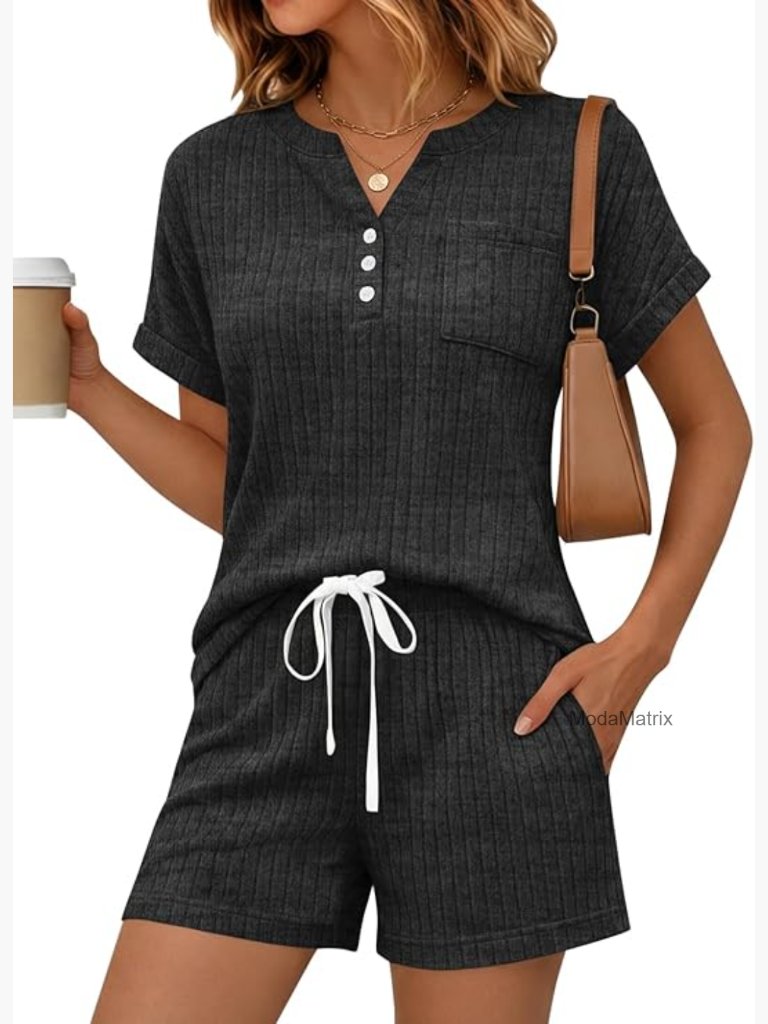 Women's 2-Piece Short Set Lounge Sweatsuit Henley Top With Pockets